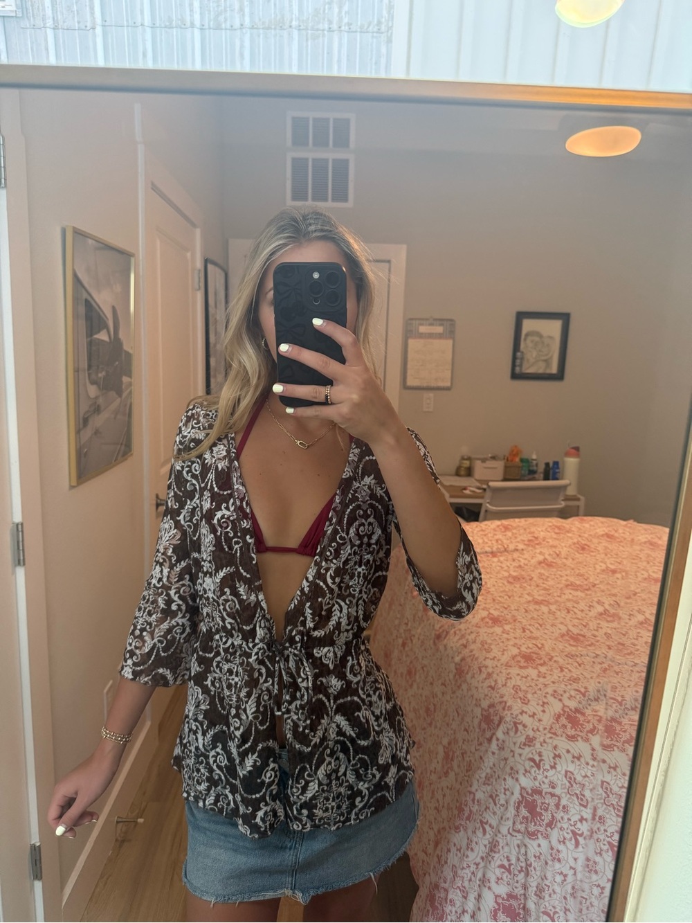 Brown & White Printed Tie-Front Blouse